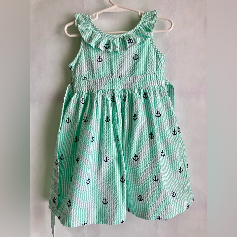 CLASSIC PREP Mint Green Seersucker Dress with Embroidered Anchors - 3T